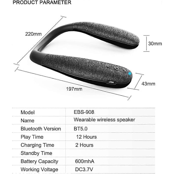 Bluetooth-kaulakaiutin, Kompakti kaiutin Musta, Kannettava langaton äänentoistokaiutin, 10 tunnin toistonaika (908)