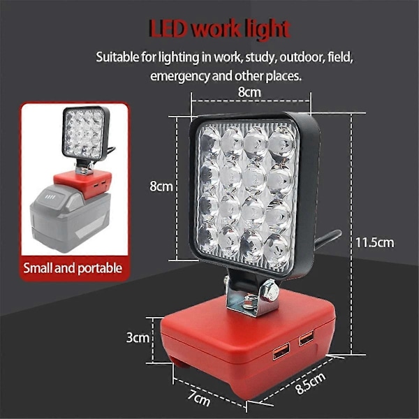 16 LED Arbetslampa Spotlights Utomhus Arbete Fiske Handhållen Nödlampa för Milwaukee 18V Li