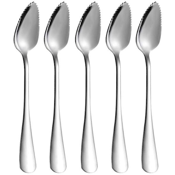 5 PCS Grapefruit Spoons, Stainless Steel Grapefruit Spoon Utensil Set, Serrated Edge & Thick Gauge Handle, Silver Kitchen Tool with Non-stick Plating