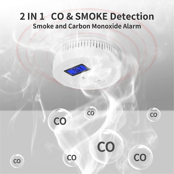 2 i 1 CO & Rökdetektor, Kolmonoxiddetektorer, Rökdetektor, 85DB i Alarm, för ,LCD-skärm,A