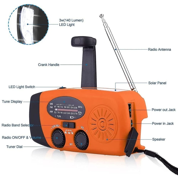 Nödväderradio, handvevsradio, bärbar solenergi AM/FM NOAA väderradio, ficklampa, power (orange)