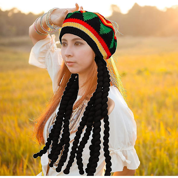2-pack Rasta-set: Rastahatt med svarta dreadlocks-peruk och gula glasögon - Karibisk dräktkostym