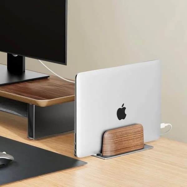 Vertikalt laptopställ, svart valnöt och aluminium