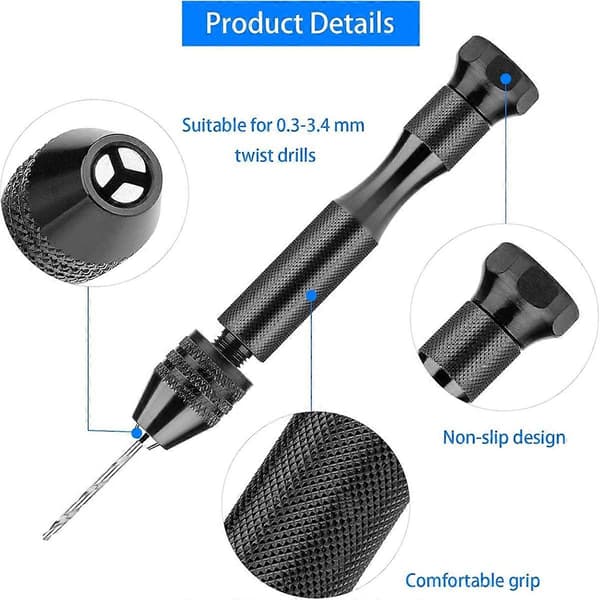 Håndsdrillsett, Pin Vise Håndsdrill med 10 stk. PCB Mini Drill Bits og 25 stk. Micro-Type Twist Drill Bi