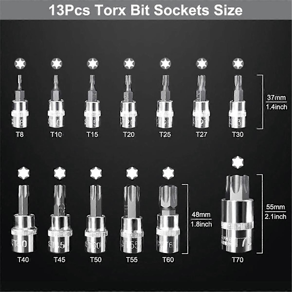 13 stk. Star Torx Bit Socket Sett T8-T70 H2-H14, CRV-piper 1/4 tommer, 3/8 tommer og 1/2 tommer Drive for Håndbruk