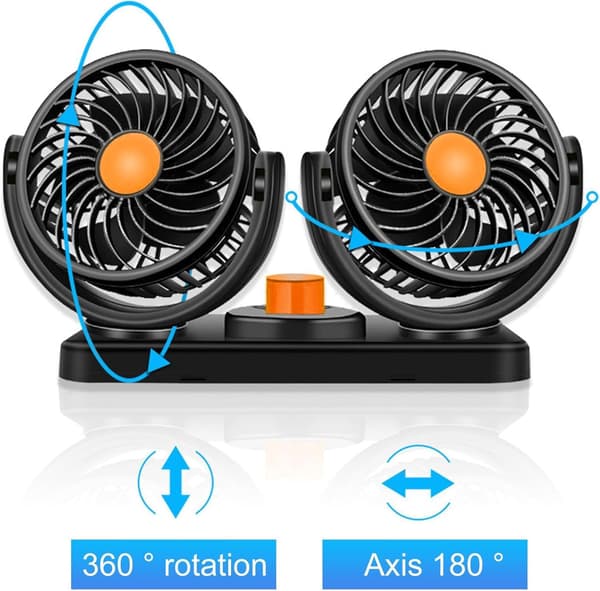 Bilvifte, 12V dobbelthode, 360-graders roterbar vifte for baksete, bobil, lastebil, SUV