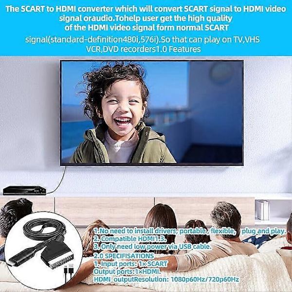 SCART til HDMI-adapter, SCART til HDMI-konverter med HDMI-kabel for 720P/1080P Full HD-TV, lyd og video for Blu-ray DVD-spiller STB VHS Xbox PS3