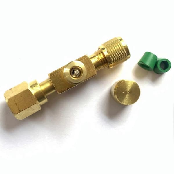 T-adapter med vridbar 1/4 SAE hangänga, nya pumpar, solid mässing, kylserviceventil