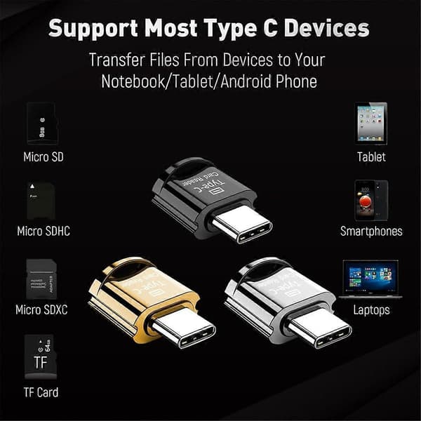USB C Micro-SD-kortläsare, TF-kort/Minneskortläsaradapter 3-pack, Bärbart OTG-minneskort för W