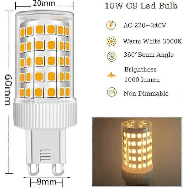 3-pack G9 LED-lampor 10W Halogenlampa 150W, 86 LED, 1000lm, 360 graders strålvinkel, Superljus, AC220-240V, Ej dimbar, Varmvit 3000K