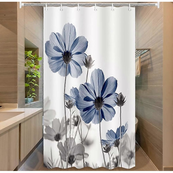 Unikt blomstret blåt bruseforhæng til badeværelsesindretning, blå og grå tusindfryd blomst elegant vildblomst design bondehus bruseforhæng med kroge