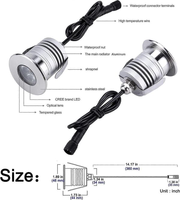 LED Undervanns Poollys, 3W, IP68 Vanntett, Rustfritt Stål Aluminium (Blå)