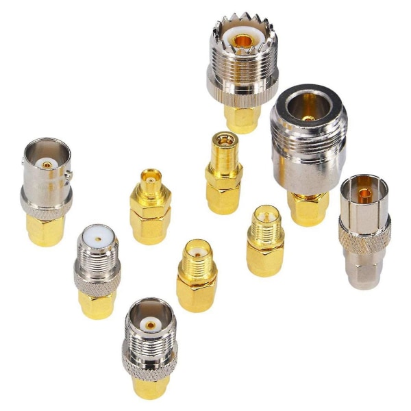 10-typset Sma-adapterkit Sma-hane till /bnc/uhf/mcx/smb/tv/tnc-hon raka nickelguldpläterade