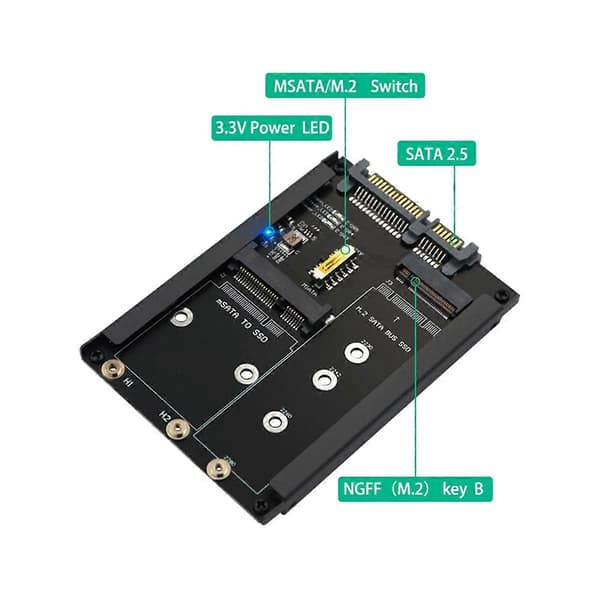 2In1 MSATA + B-avain/B+M-avain M.2 SSD - 2.5 SATA -sovitinkortti kotelolla M2 NGFF SATA3:lle