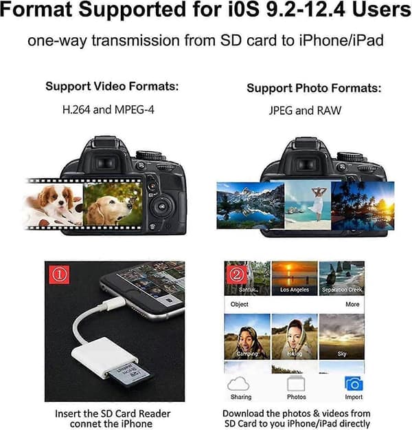 Apple Lightning til SD-kort kamera læser adapter kompatibel med iPhone iPad kamera T