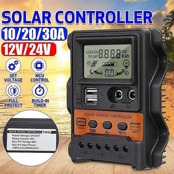 Solarladdningsregulator 12V24V Solpanel Batteriladdningsregulator Auto 2 USB LCD-skärm Last
