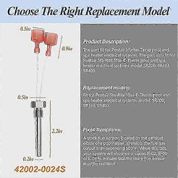 42002-0024S Stack Flue Sensor Erstatning for Pentair Sta-Rite MasterTemp Max-E-Therm Basseng & Spa Varmer SR200 SR333 SR400