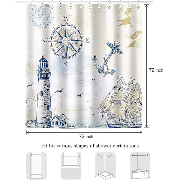 Nautisk Dusjforheng Fyrtårn Seilskute Kompass Anker 180 X 180 Cm Badeforheng Polyester Stoff