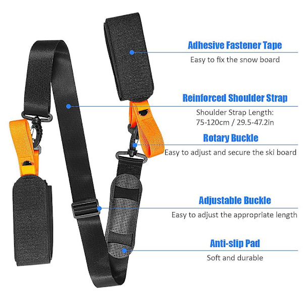 Justerbar Ski-stavbæreseler, Skistav-skuldersele, Skiboard-festebånd med sklisikker pute