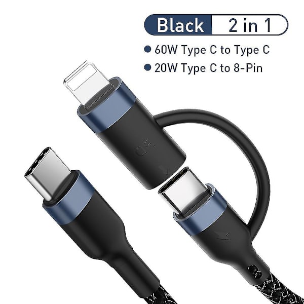 2-i-1 1m 60W PD USB-C til Type-C/Lightning Hurtigopladningskabel til iPhone Macbook Xiaomi