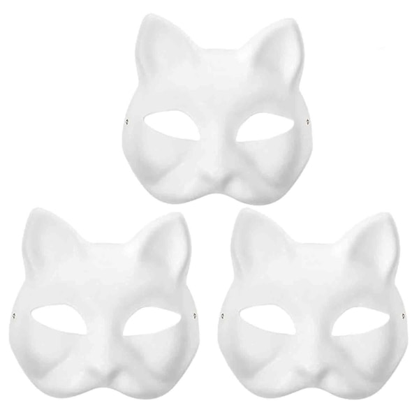 3 stk. Kattemasker, Therian Masker Hvide Kattemasker Blanke DIY Halloween Mask Cosplay, 50 % rabat