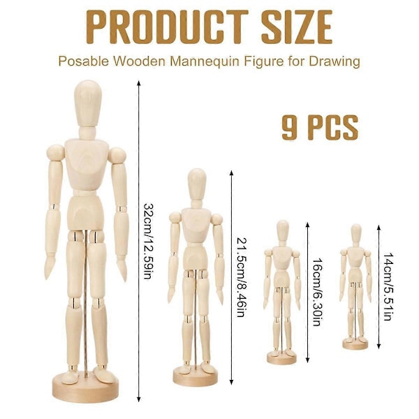 9 stk. Kunstner Mannequin Model Træ Manikin Tegning Bevægelig Figur Model med Stativ Fleksibelt Led