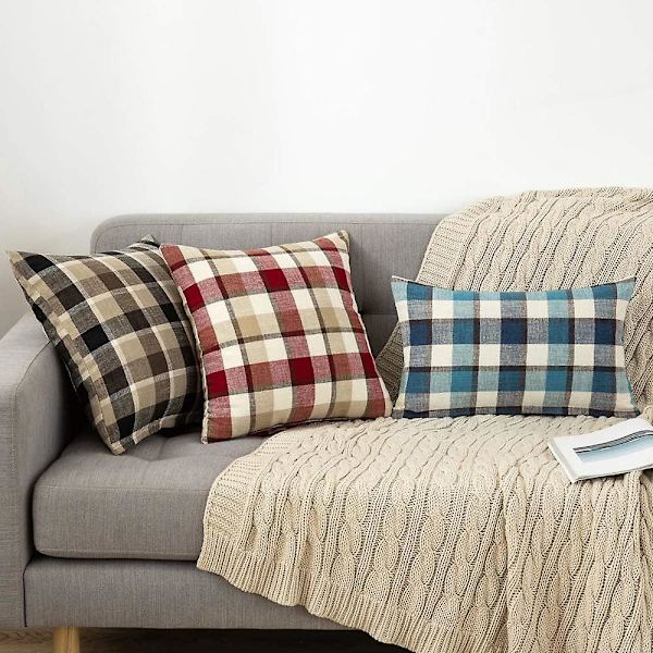 SZTXJ Sett med 2 Dekorative Putesett Plaid Tartan Lin Rustikk Bondegård Kvadratisk Putetrekk for Høst Høstdekor Benk Sofa Sofa Bil Soverom