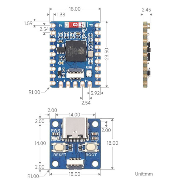 ESP32-S3-Tiny Utvecklingskort Bluetooth LE+2.4 GHz Wi-Fi Baserat på ESP32-S3FH4R2 ESP32-S3 Mini Utvecklingskort