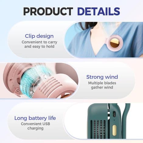 Mini bærbar universalventilator. USB genopladelig lommeventilator. Originalt hængende design (grøn).