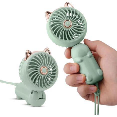 Mini bærbar ventilator med genopladeligt batteri og 3 blæserhastigheder. Sammenfoldeligt design - Grøn - Katte mønster.