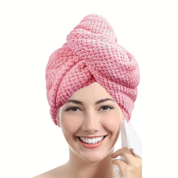 Mikrofiber Hårhandduk Wrap för Kvinnor - Superabsorberande Stickad Tyg Hår Torkning Mössa med Knapp 1 st Rosa