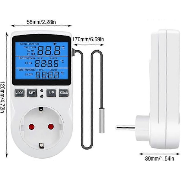 Digital termostat stikkontakt, 230v temperaturregulator med sensor, LCD skærm temperaturkontakt, opvarmning afkøling termostat stikkontakt, dag nat timer