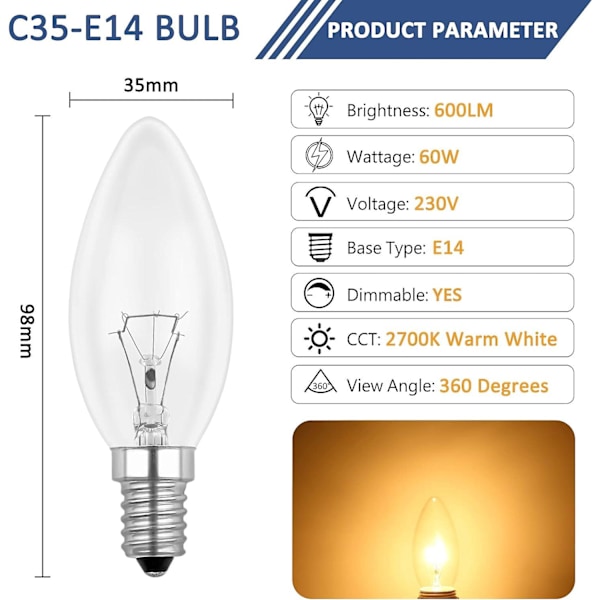 Hehkulankku E14 60W 230V, E14 Flame-lamppu, Himmennettävä Lämmin Valkoinen 2700K, 600lm, C35 Läpinäkyvä Lamppu, Kattokruunuun, Työpöytälamppuun, 6 Kpl Pakkaus