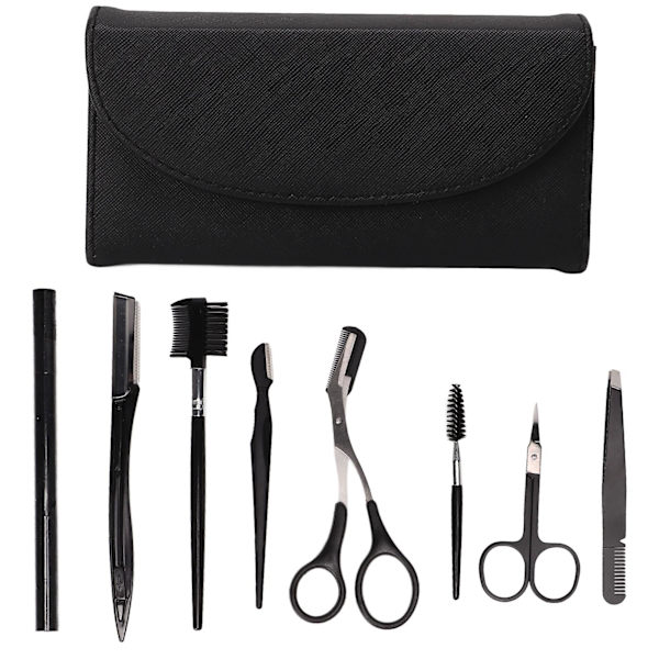 Øjenbryn Styling Kit - 8 stk. Rustfrit Stål Skønhedsværktøjer, Sort, Rustfri, med Opbevaringspose