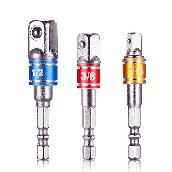 Hylshållare Adaptrar på Borr/Slagskruvdragare. Set om 3 fyrkantiga chuckadaptrar 1/4&quot;, 1/2&quot;, 3/8&quot; i Chome Vanadium
