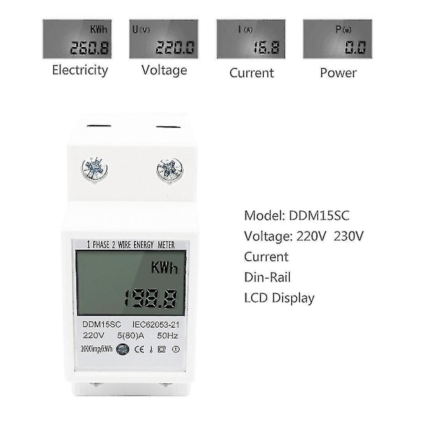 Digitaalinen sähkömittari 220v 5(80) A Digitaalinen 1-vaiheinen DIN-kiskoenergiamittari
