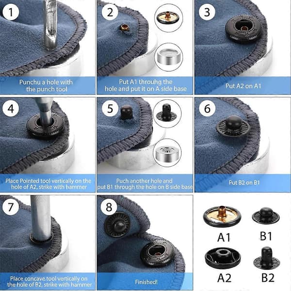 12 Sæt Trykknapper Kit 15mm Trykknapper til Læder Trykknapper Kit med 4 Monteringsværktøjer Lædernitte