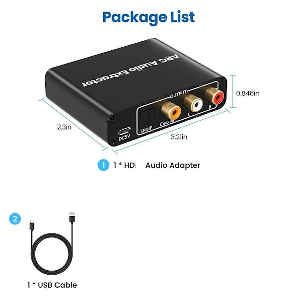 HDMI-kompatibel ARC-adapter, med digital optisk TOSLINK SPDIF/koaksial og analog 3,5 mm, HD ARC til RC