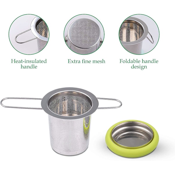 Fenshine Te-infuser i Rustfrit Stål - Te-si - Foldbar Håndtag - Te-filter - Ekstra Fint Masket Si - Brygningskurv Med Låg Til Løse Blade (Grøn
