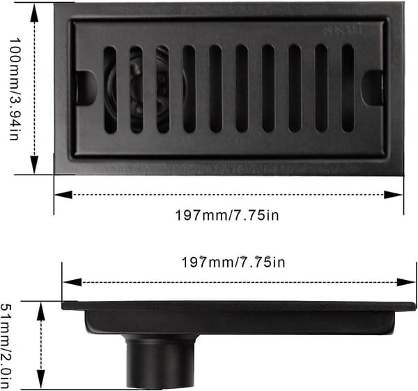 Bruserrist, 20 x 10 cm Rektangulær Gulvafløb, Bruserafløb, Sort Gulvafløb med Rustfrit Stålrist, Velegnet til Toilet, Badeværelse, Køkken