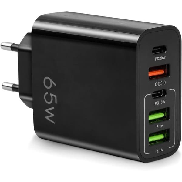65W Hurtig USB-C Oplader med 5 porte: 2 USB-C PD20W, 2 USB, 1 QC 3.0. Samtidig opladning til iPhone, MacBook, Galaxy (Sort)