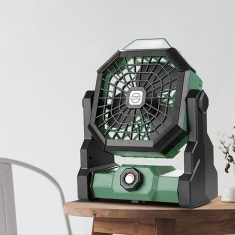 Bærbar genopladelig ventilator med justerbar hastighed og LED-lys. Stille drift. Plastmateriale - grøn farve.