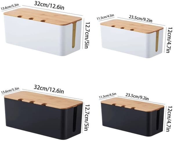 Kabelorganisator - Kabelstyring - Kabelholder og ærme til tv-kabler, computer og USB-hub - Bambuslåg - Sort - Kabelboks | Kabelboksopbevaring