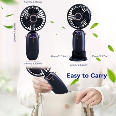 Bærbar ventilator. Mini USB genopladelig bærbar ventilator med base, støjsvag og kraftfuld - mørkeblå.