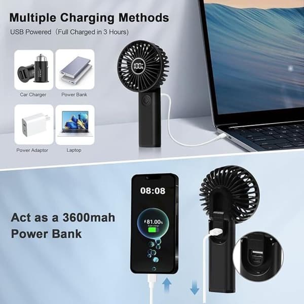 Mini bærbar ventilator. USB genopladelig lommeventilator, 3600 mAh. Kompakt håndholdt ventilator - hvid.