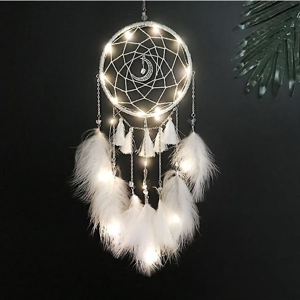 Liten drömfångare med LED-ljus, handgjord fjäderdrömfångare, drömfångare väggdekal hem prydnad (Moonlight White)