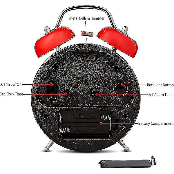 Röd analog väckarklocka Extra högt ljud Tvillingklockor Retro Vit Tyst Icke-tickande Kvarts Batteridriven Med bakgrundsbelysning, Dekorativ sängbordsskrivbord