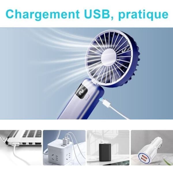 Mini bærbar ventilator - USB-C opladning, 1200 mAh batteri - 5 blæserhastigheder - Cirkulationstilstand - Blå-violet