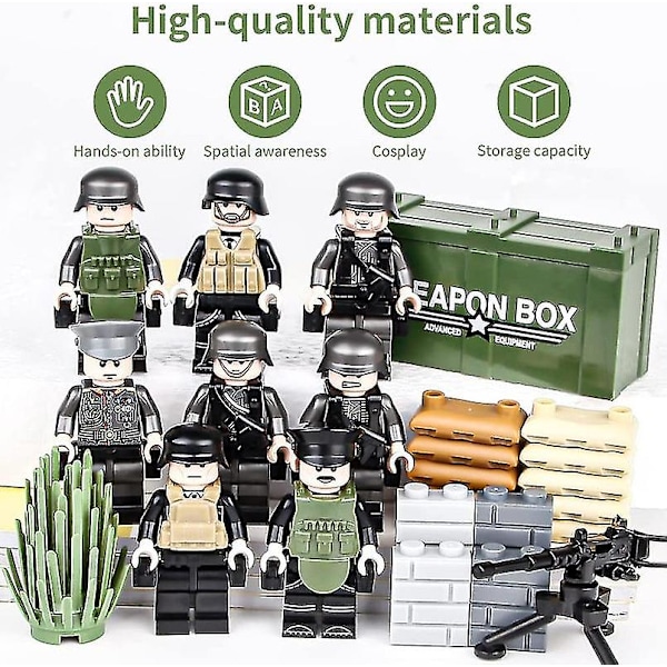 8 st Militär Mini Figurer Bas Ww2 Set + Vapen Kit Armé Vapen Soldater Leksaker