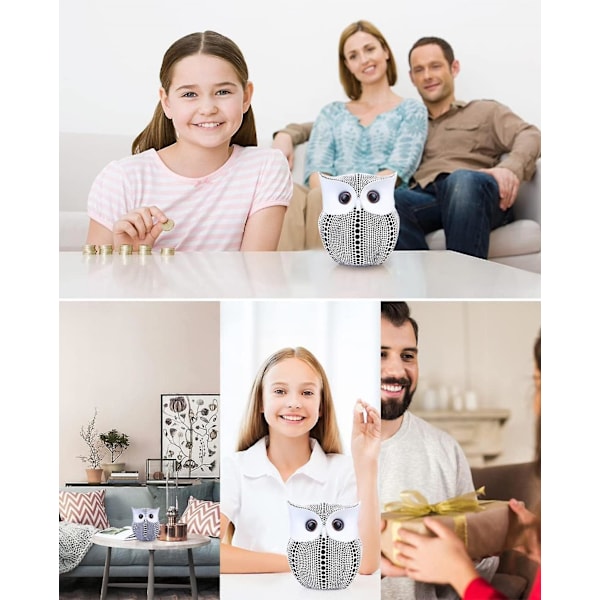 Spargris i form av uggla för vuxna pojkar flickor barn plast sparbössa myntbank staty dekor vit